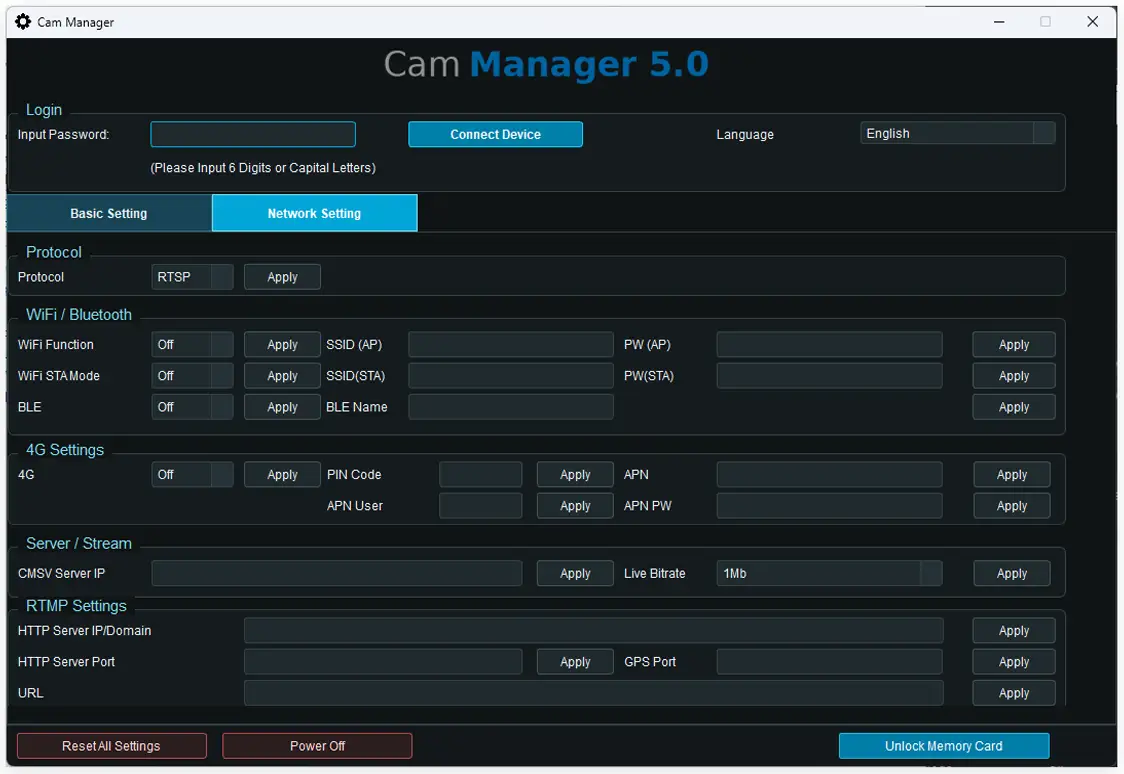 4G LTE live streaming body worn camera and military tactical helmet camera manager software network setting